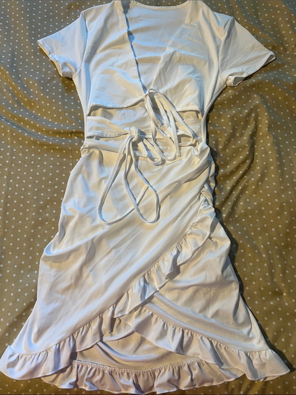 White Ruffle Wrap Midi Dress with Tie Waist